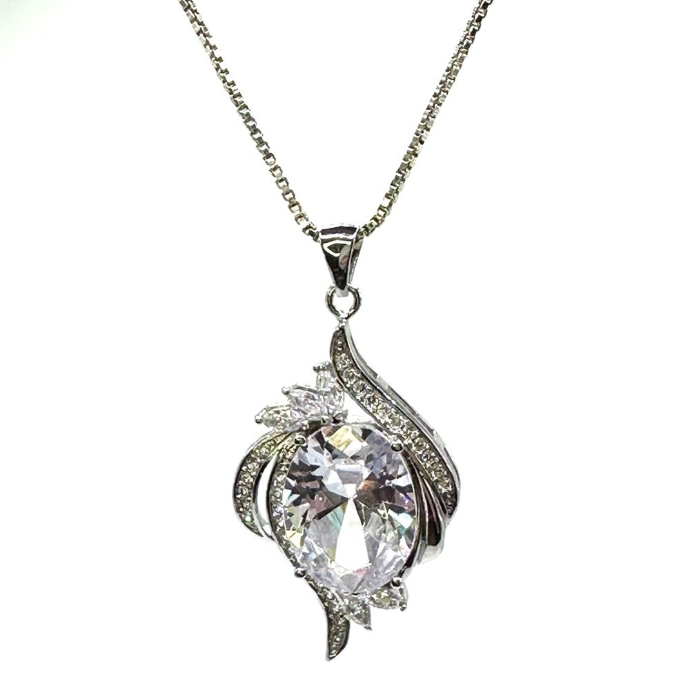 Oval Pave Pendant Sterling Silver Chain Necklace | N165